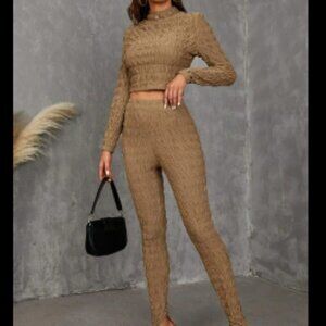 Split Hem Pants and Mock Neck Smocked Crop Top Matching Set